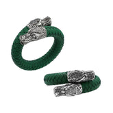 Balinese 925 Sterling Silver Dragon Head Bracelet With Green Leather For Men